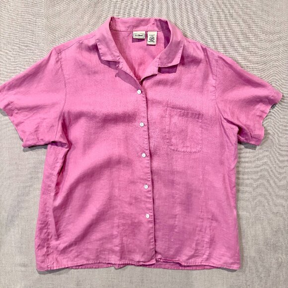 L.L. Bean 100% Linen Button Front Shirt Women’s Large Pink Short Sleeve - Picture 1 of 6